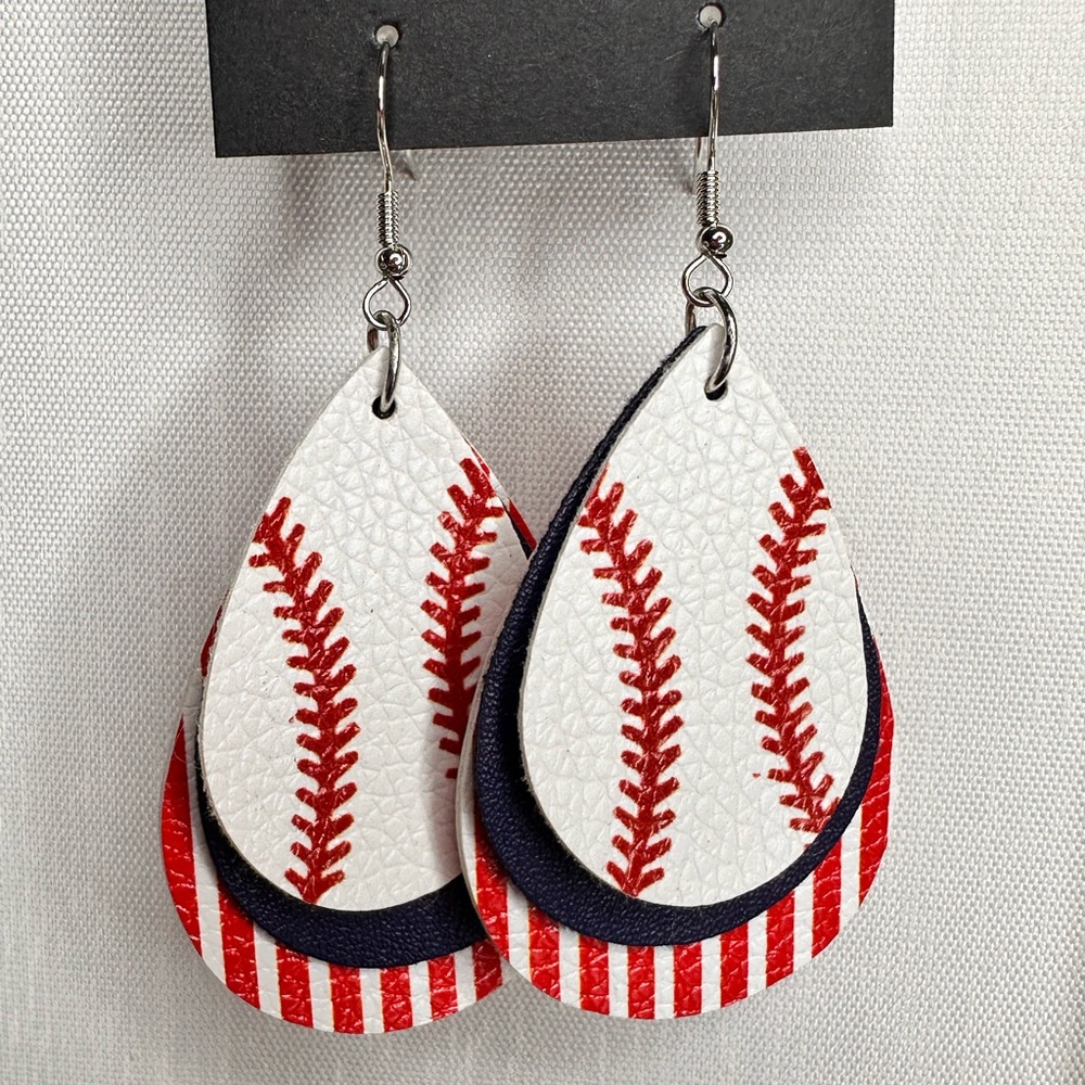 Faux leather layered baseball earrings